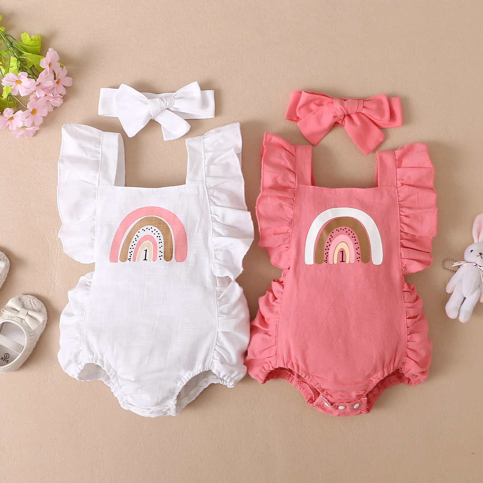 

Newborn Girl Fly Sleeve Bodysuit, Rainbow Pattern Square Neck Backless Snap Crotch Leisure Style Romper