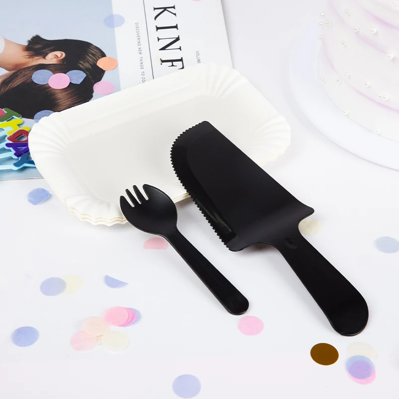 

Black Disposable Plastic Water Drop Plate Cake Tableware Knife Fork Plate Set Combination Family Birthday Party Tableware