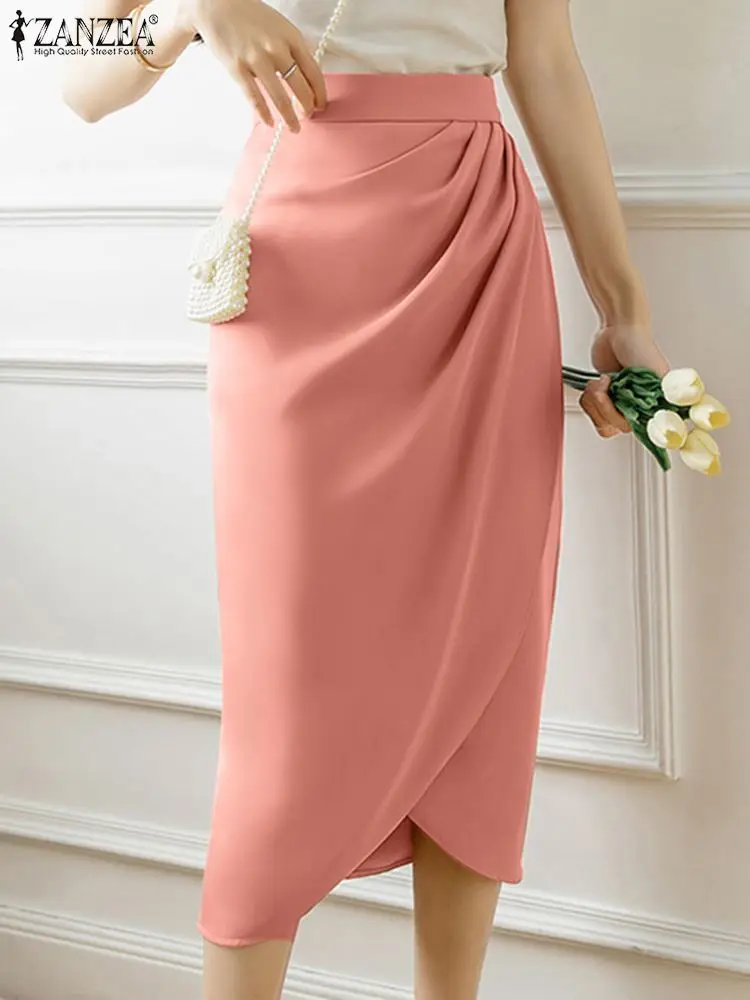 

Модная юбка-карандаш ZANZEA с высокой талией, однотонная офисная юбка 2023, корейские ассиметричные драпированные юбки, женские элегантные юбки средней длины