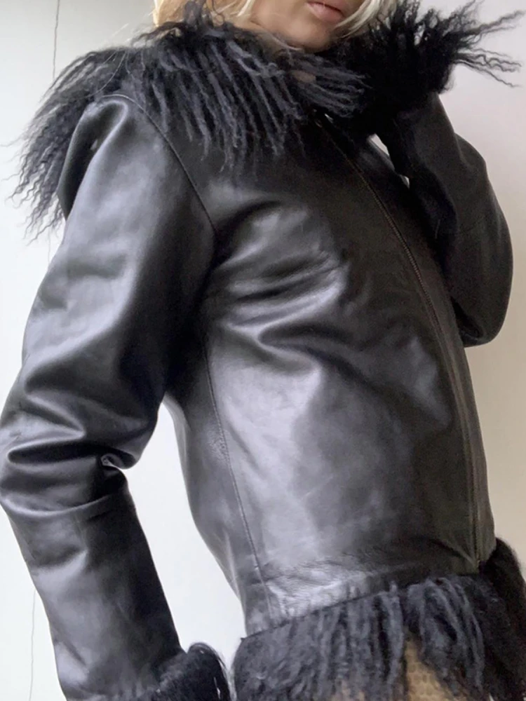 Fall Winter New Style Tassel Fur Stitching Faux Leather Faux Leather Jacket Black Zipper Loose Sweatshirt Casual Jacket fur coat