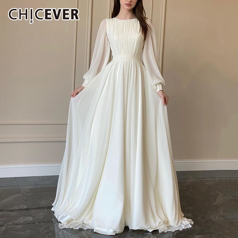 CHICEVER белое элегантное длинное платье женское с круглым вырезом и