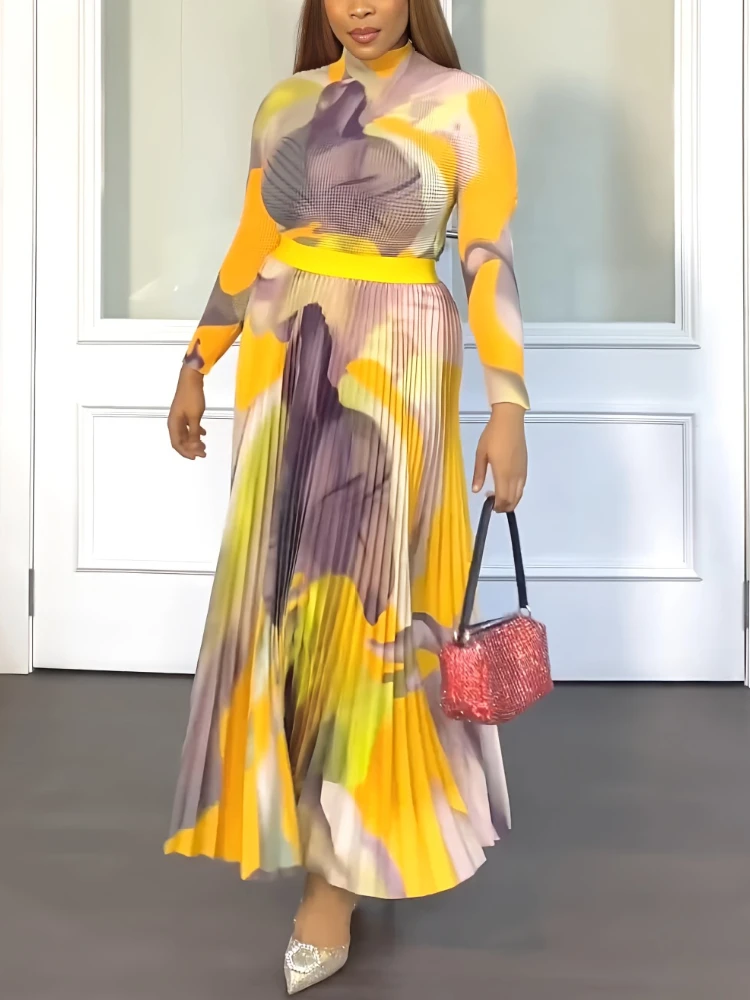 

Женский Повседневный комплект из двух предметов, Топ с длинным рукавом и плиссированная юбка до щиколотки с вафельным узором, элегантная летняя одежда