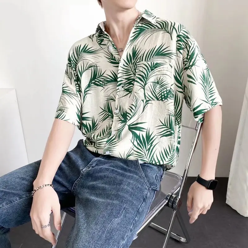 

Men's Tops 2022 Summer Holiday Casual Retro Leaves Short-sleeved Tops Beach Flower Shirts Men's Trendy Handsome Loose Shirts