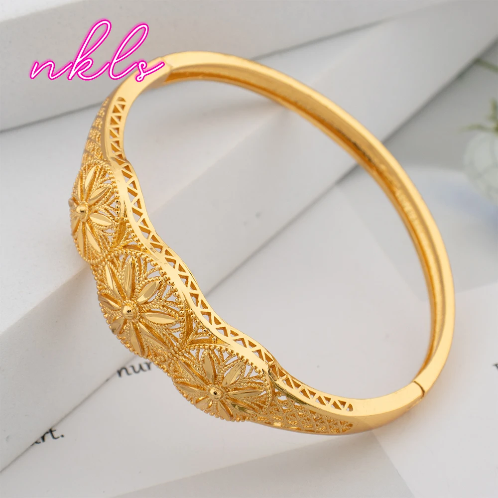 

African Fashion Copper Cuff Bangle Dubai Gold Color Bracelet Ethiopian Hand Bangle Jewelry Wedding Party Anniversary Gifts