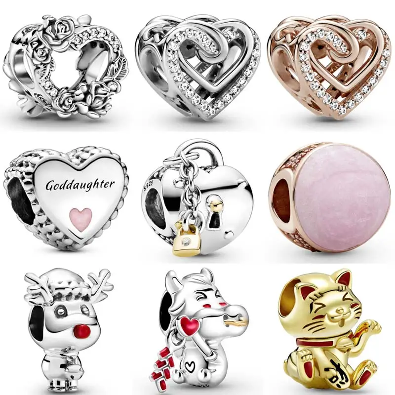 

Open Heart & Rose Flowers Pink Swirl Cute Ox Fortune Cat Beads 925 Sterling Silver Charm Fit Europe Bracelet Diy Jewelry
