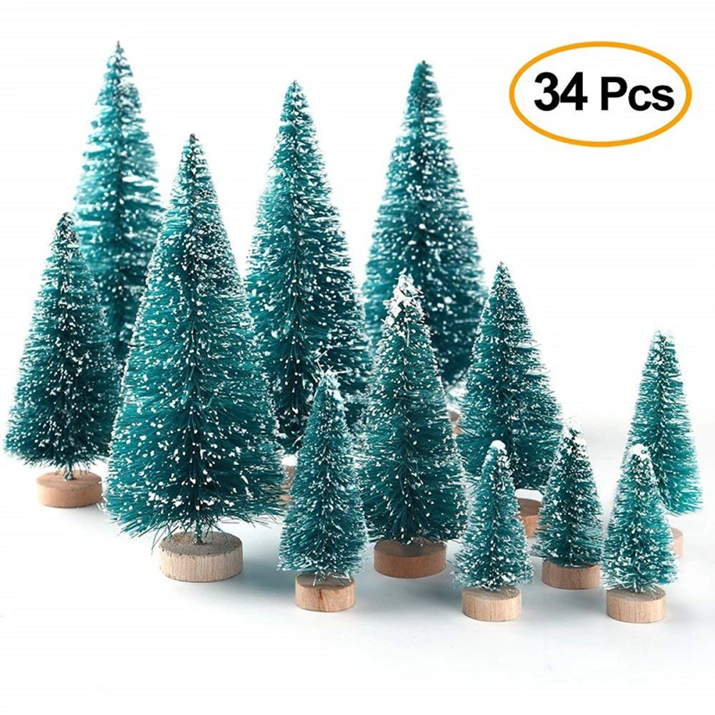 

34Pcs Mini Artificial Christmas Tree Decor Frosted Sisal With Wood Base Craft Pine Tree Home Office Desktop Xmas Decorations