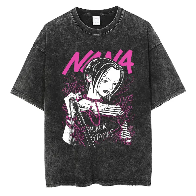 Hot Anime Nana Osaki Black Stones Band T Shirt Fashion Washed Vintage Hip Hop T-shirts Harajuku Oversized Cotton Men Women Tops