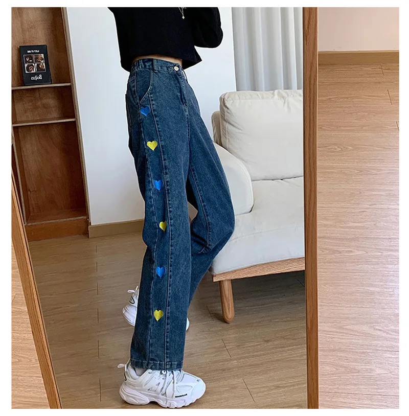 Women's High Waist Love Embroidery Pattern Jeans Y2k Spring 2021 New Tube Loose Straight New Retro Wide Leg Pants Denim Retro