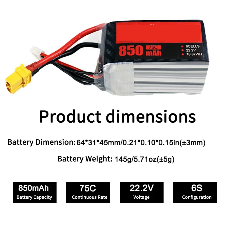 Фото Ультралегкая высокоэффективная LiPo батарея 850 мАч 6S 22.2В 75C, специально для FPV-дронов №1