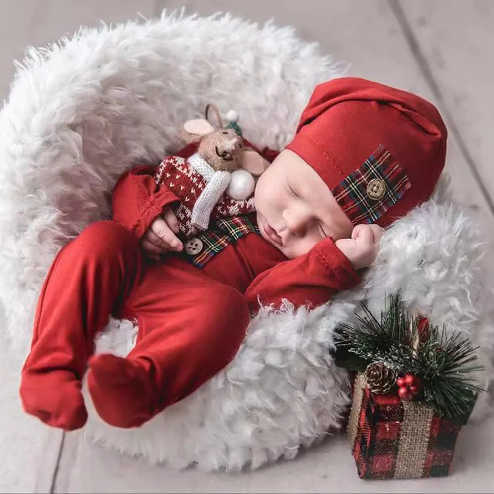 Dvotinst Newborn Baby Photography Props Red Christmas Outfits Set Santa Clause Hat Romper 2pcs Studio Shooting Photo Props