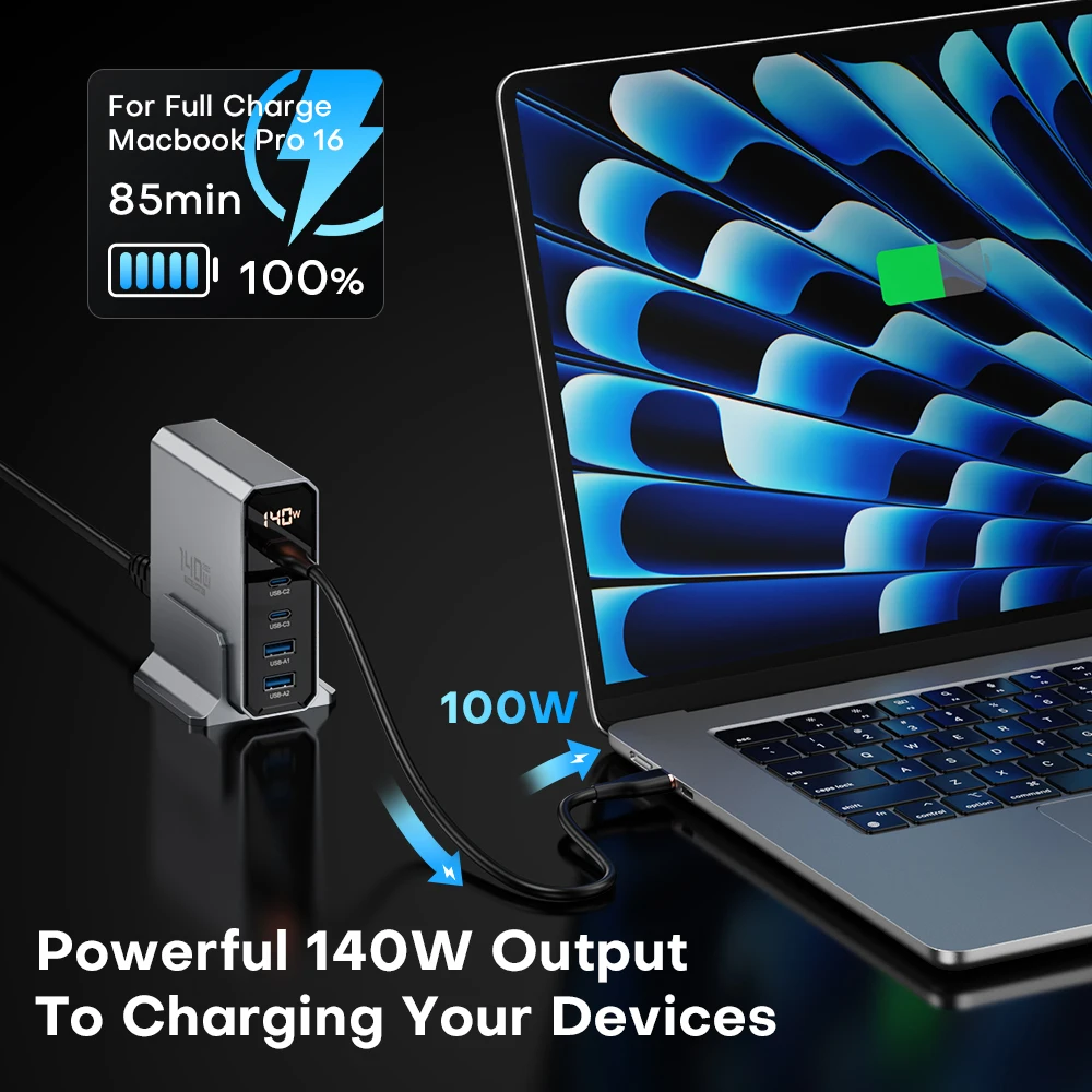 Фото 140W GaN USB зарядное устройство 5 портов Тип C PD3.0 QC Быстрая зарядка 4,0 3,0 PPS USB C быстрое зарядное устройство для IPhone 14 13 Samsung Macbook Tablet №3