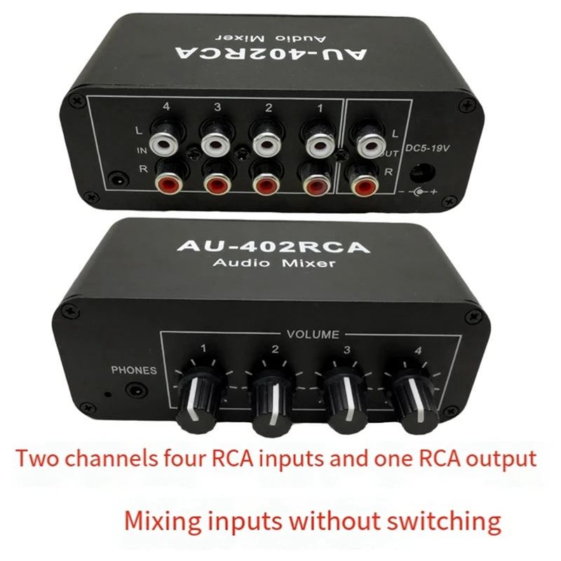 AU-402RCA Stereo Audio Mixer Multi-Channel Source Reverberator Volume Control 3.5Mm Headphone Driver 4 Input