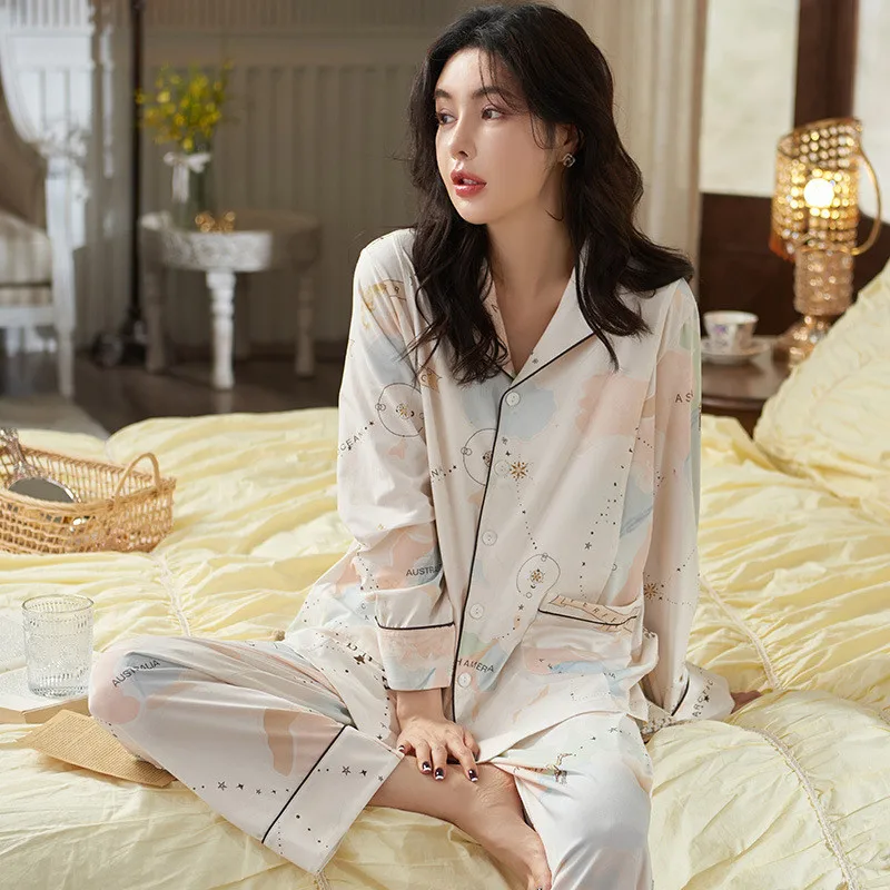 UHYTGF Women Pajamas Print Spring Autumn Cotton Sleepwear Female Long-Sleeved Trousers Home Clothes Casual Ladies Nightgown 2506