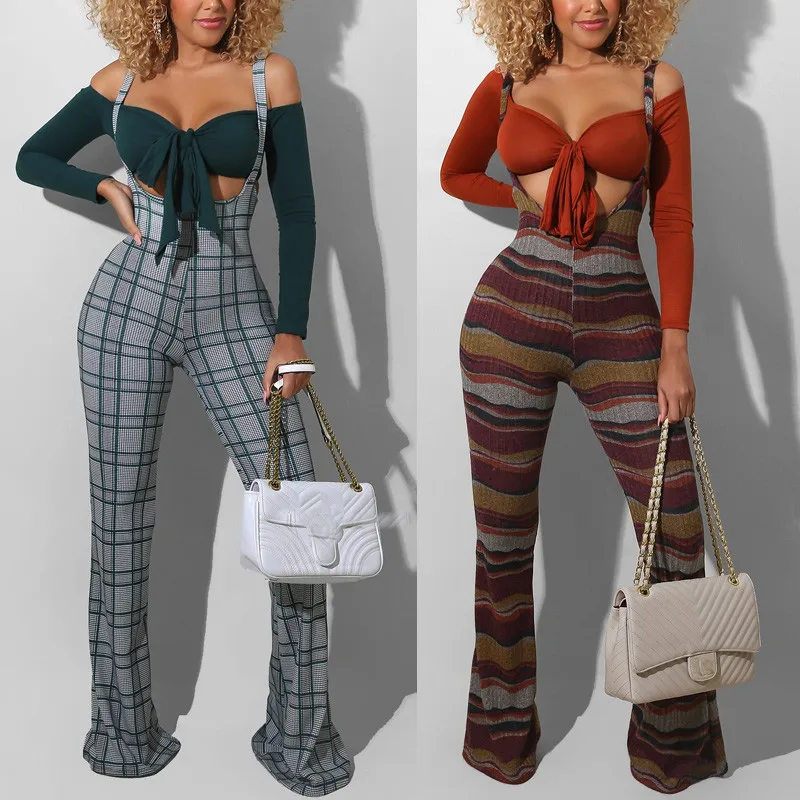 

Fashion Flared Jumpsuit Autumn Women's High Waist Printed Plaid Overalls Party Club Plaid Bottoms 2021 New Wide Leg Suspenders
