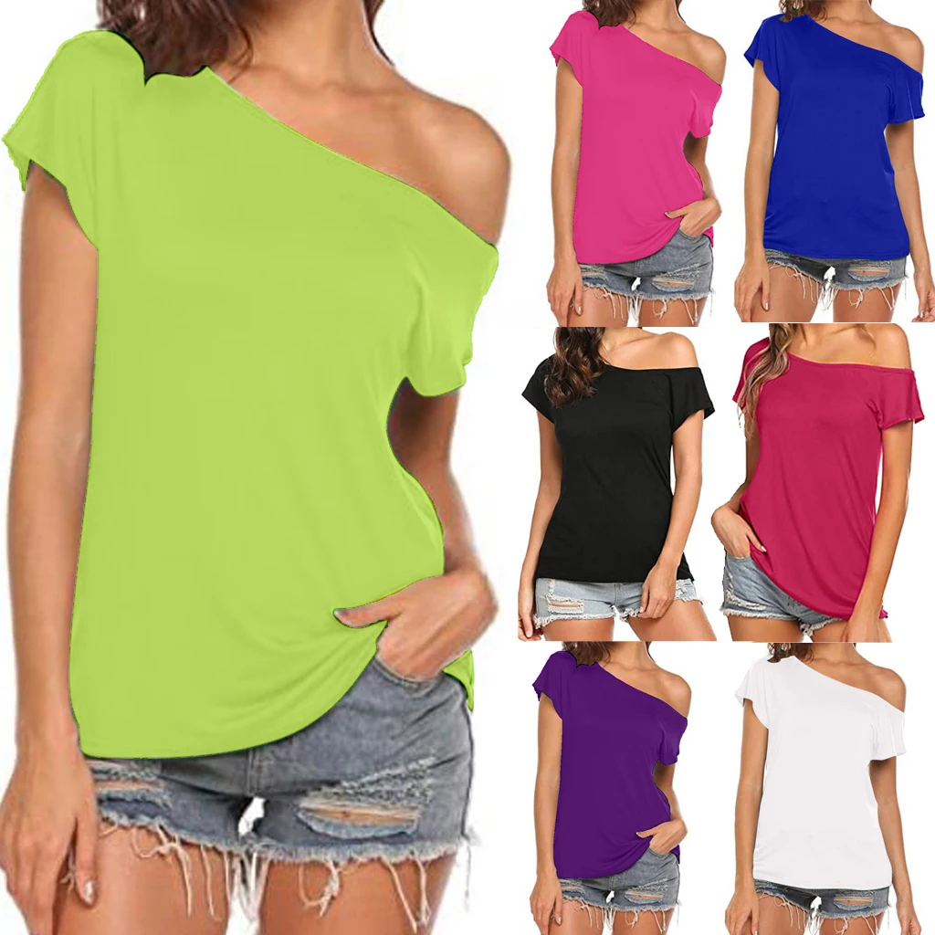 XUANCOOL 2022 Women Tops Candy Colors Casual Off Shoulder Short Sleeve Irregular Loose Summer Tee Shirt t shirt Large Femme