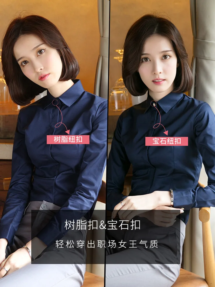 Professional Shirts Women White Long sleeve Spring 2024 Sapphire Blue Slim fit Shirt Temperament Cargo