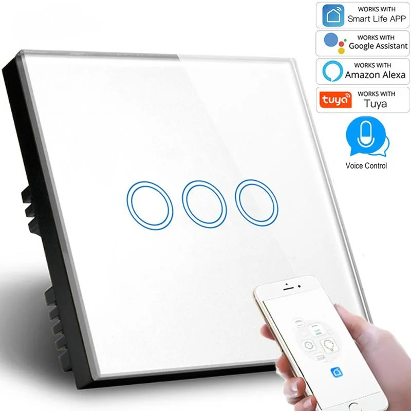 UK Standard 1000W Smart Light Switch 3 Gang 1 way,Touch/WiFi/APP Remote Control wifi switch 220V,White Crystal Glass Panel