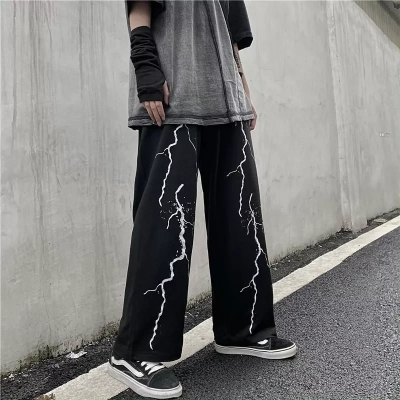 

New in pants Men summer new loose straight lightning print vintage sweatpants high street Men's trousers plus size male clothing