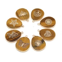 wholesale8pcs natural stonetiger eye drop gilt edge pendant for jewelry makingdiynecklace bracelet accessories charm gift26x35mm
