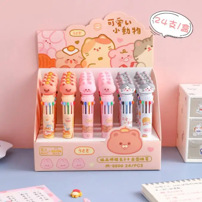 

24 pcs/lot Cartoon Cat Rabbit Animal 10 Colors Ballpoint Pen Cute Ball Pens Material Office School Writing Supplies Wholesale