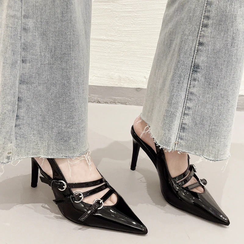 

2023 Strappy Buckle Patent Leather Pumps Women Pointed Toe Gladiator Sandals Strappy Heels Slingback Red Brown SHoes Plus Size