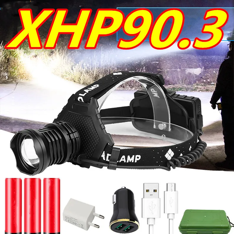 

Most Powerful XHP90.3 Led Headlamp 300000LM Head Lamp USB Rechargeable Headlight Waterproof XHP90 Head Llight Zoom Fishing Light