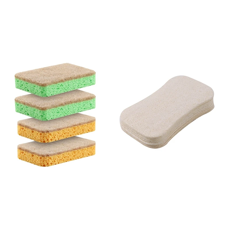 

10 Pcs Natural Loofah Dishwashing Cloth Scrub Pad & 10 Pcs Double Sided Multipurpose Cleaning Sponges for Kitchen