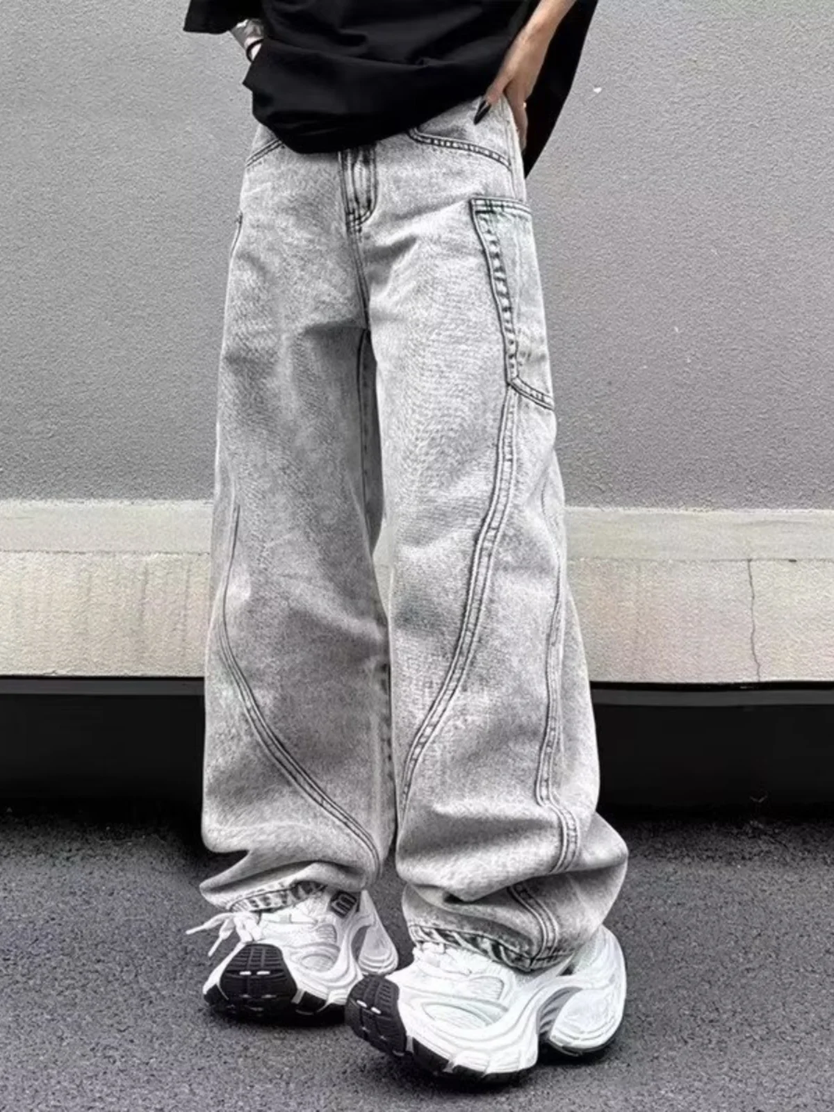 Szare jeansy damskie High Waist Vintage Straight LOOSE Denim Pants Streetwear American Large Size Fashion Wide Leg Trouser