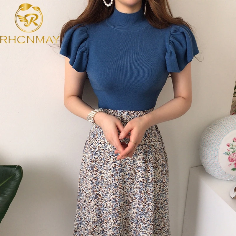 

2022 Summer Women 2 Piece Skirt Sets Outfits Blue Tops + Printed Elastic Waist A-line Skirt Korean Fashion Vintage Matching Sets