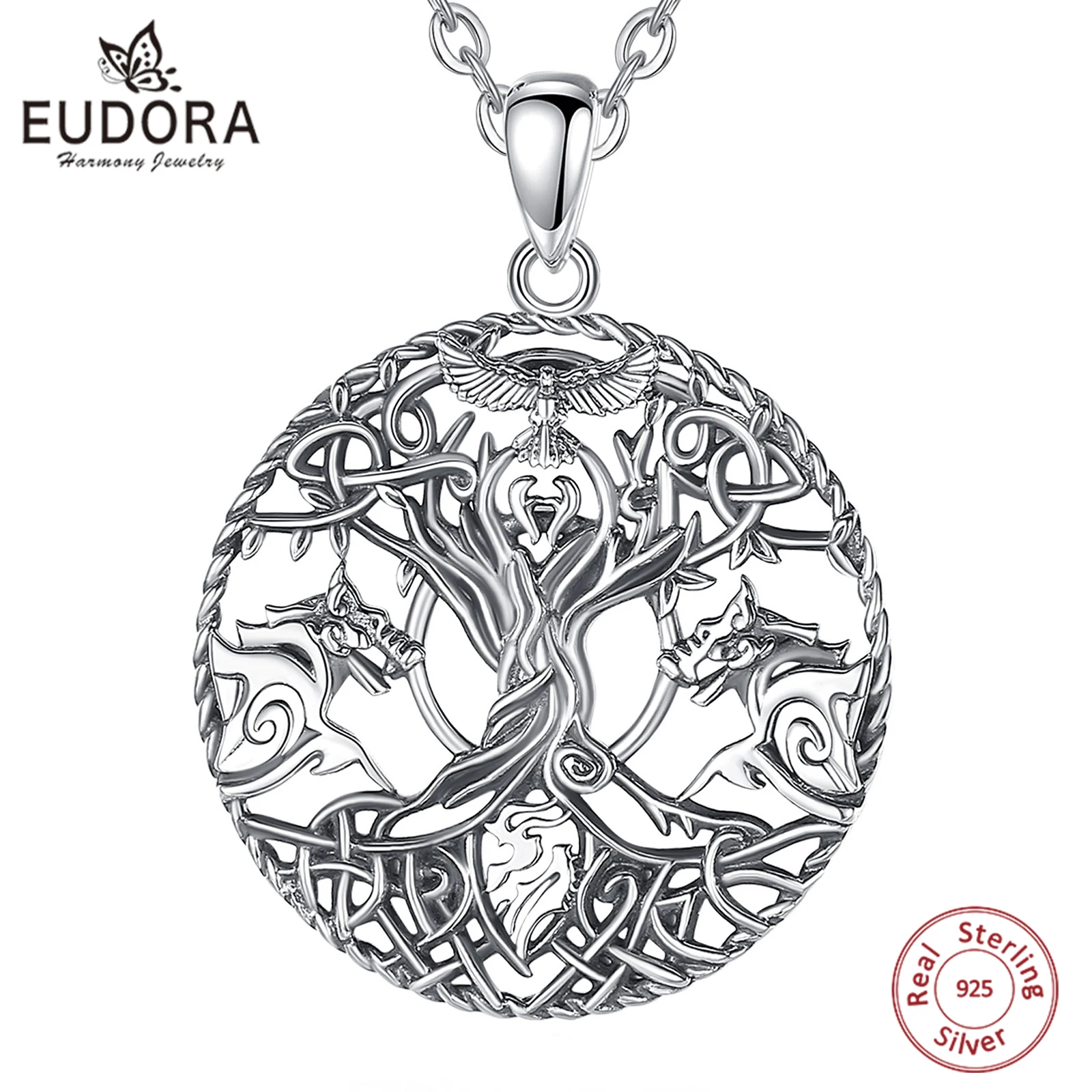 

Eudora 925 Sterling Silver Viking Raven Wolf Necklace Celtic Knot Tree of Life Amulet Pendant Personality Jewelry Gift for Man