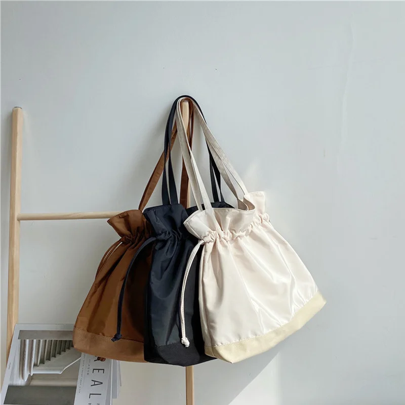 

Patchwork Women Canvas Shoulder Bags Large Capacity Ruched Drawstring Design Cloth Handbag Tote Big Eco Shopping Bag For Girls