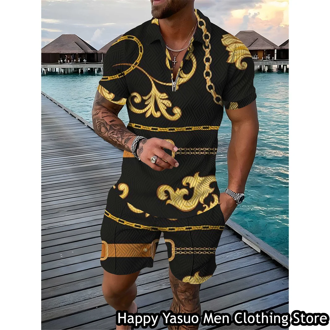 Luxury Chain Polo Set Men Summer Fashion Tracksuit Casual High-End Polo Shirt Shorts Suit Vintage Vacation Outfit Male Clothing