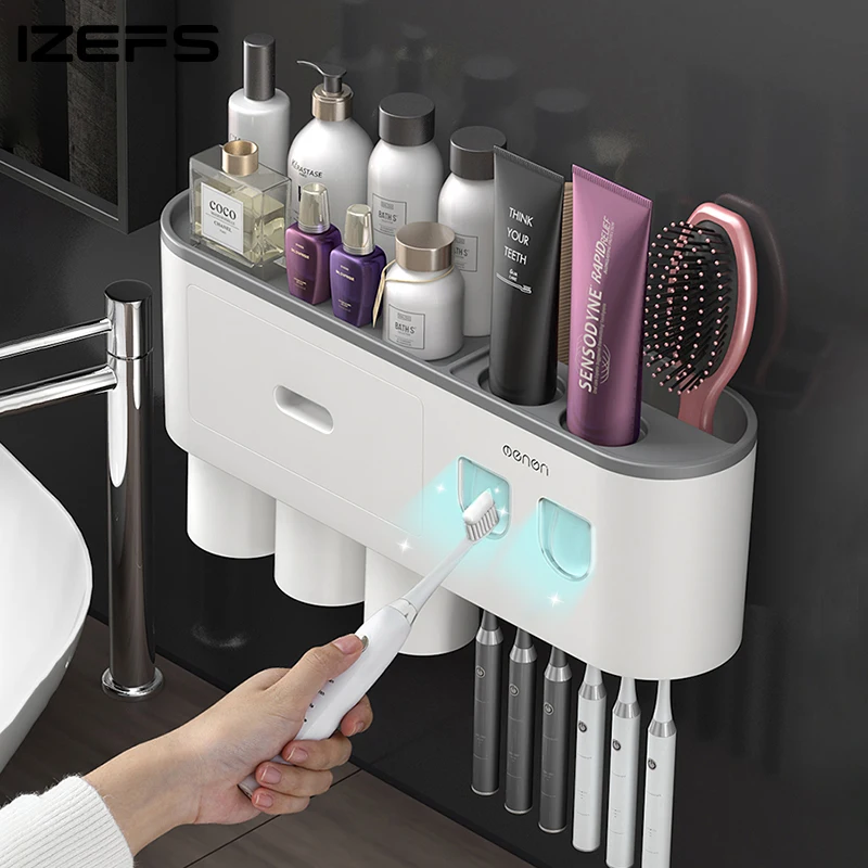 

Wall-mounted Toothbrush Holder With 2 Toothpaste Dispenser Punch-free Bathroom Storage For Home Waterproof Bathroom Accessories