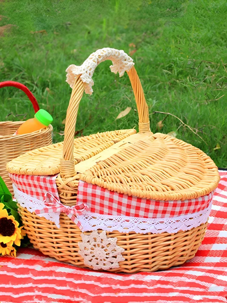 

Handmade Wicker Picnic Basket Rattan Picnic Basket with Handle Outdoor Camping Storage Hamper Bread Fruit Food Flower Orginazer