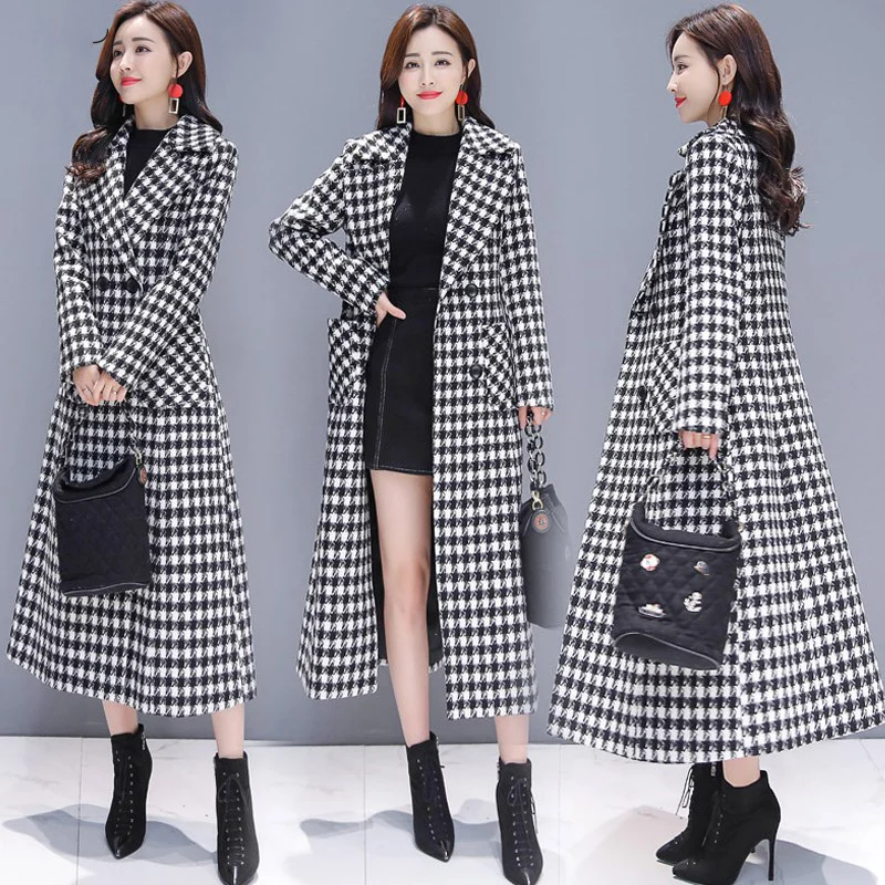 

Woolen Coat Female Long Houndstooth Ladies Cloak Big Size M-4XL Autumn Winter Thicken Loose Lapel High Quality Women's Jacket