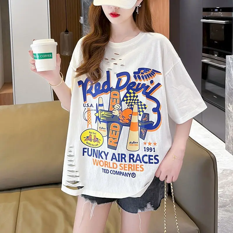 

Футболка женская оверсайз в стиле Харадзюку, стильная тонкая рубашка с дырками и коротким рукавом, модный винтажный топ свободного покроя, одежда Y2k, на лето