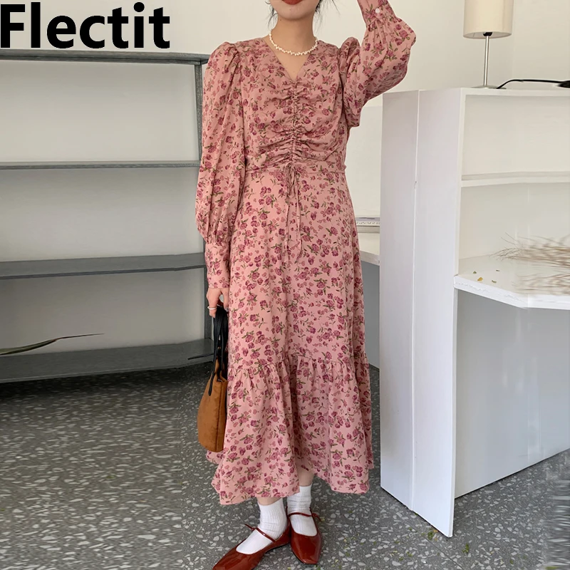 

Flectit французское женское винтажное Цветочное платье с кулиской с рюшами и длинным рукавом с оборками на подоле длинное платье летняя весенн...