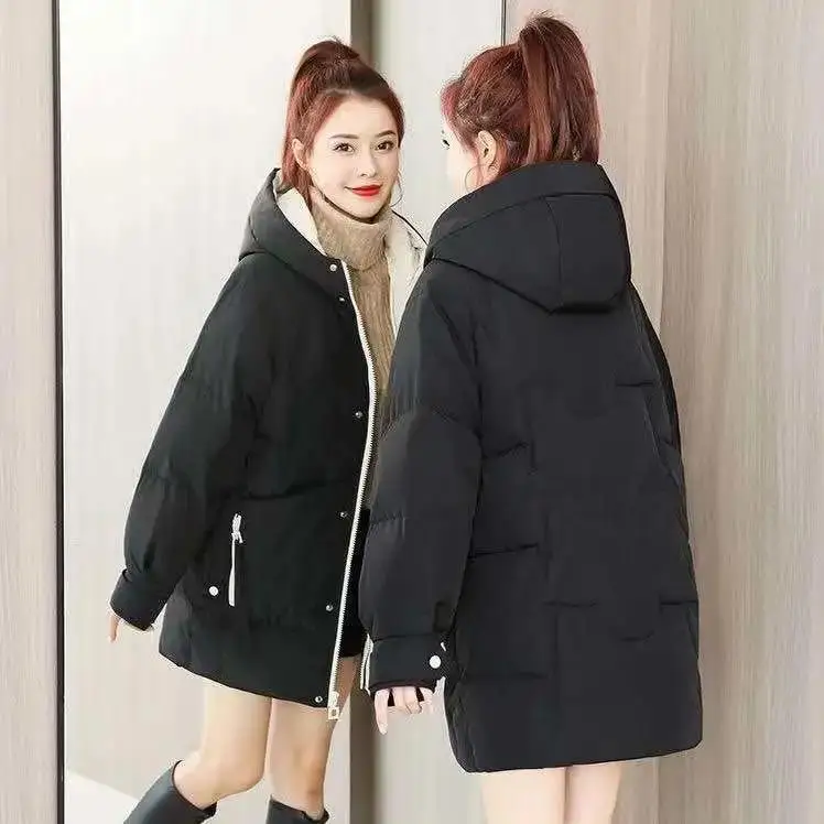 Winter Loose Hooded Cotton Padded Coat Women Warm Thin Parka Casua Mid-length Basic Solid Outwear Snow Jacket New Tops A11