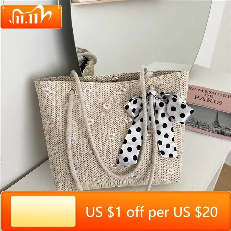 

New Style Straw Braided Silk Scarf One-shoulder Handbag Ladies Large-capacity Fashion Simple Handbags Summer Travel Beach Bag