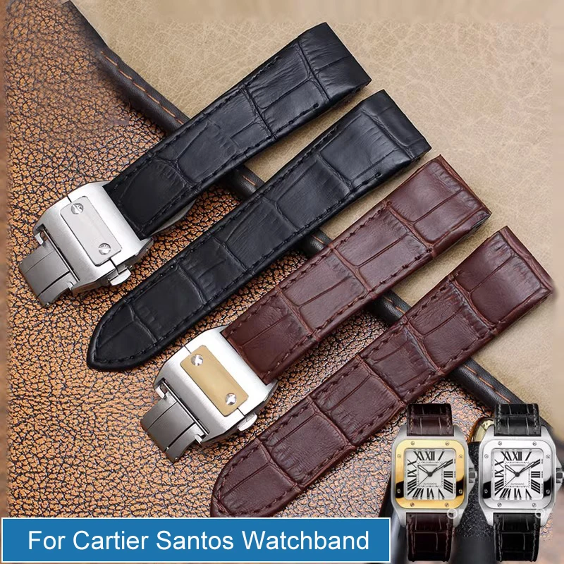 

High Quality Genuine Leather Watch Strap For Cartier Santos Watchband Santos 100 Men's And Women Folding Buckle strap 20mm 23mm