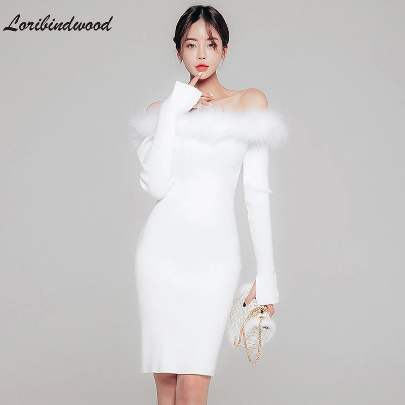 

Loribindwood 2022 Korean Autumn and Winter Costume Sexy One-line Neck Slim Shaggy Knit Dress Female Buttock Wrapped Skirt