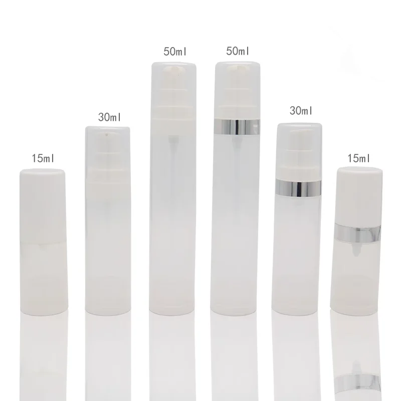 

15ml 30ml 50ml Silver Rim Airless Pump Vacuum Bottle Clear White Serum Packaging Empty Foundation Container Custom Logo