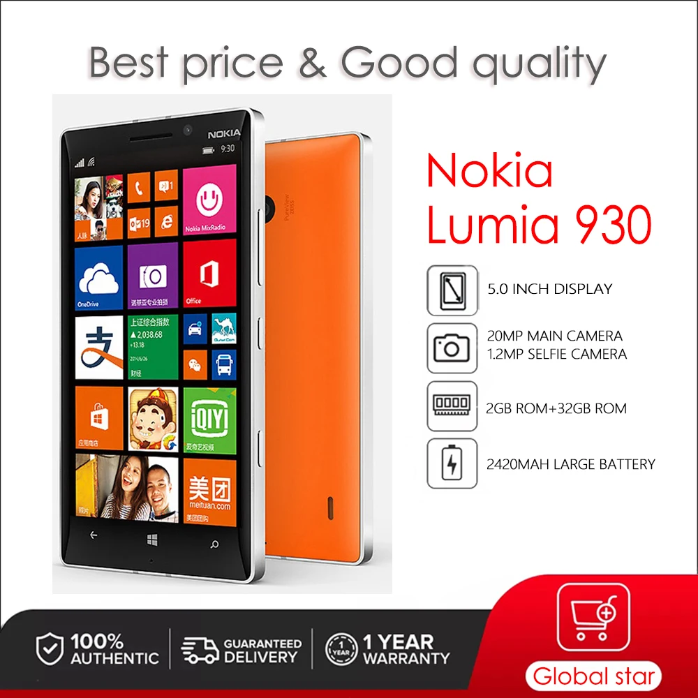 

Nokia Lumia 930 Original Unlocked Windows Mobile Phone 5.0 inches 2420mAh 20MP 2GB RAM 32GB ROM 4G High Quality Cellphone