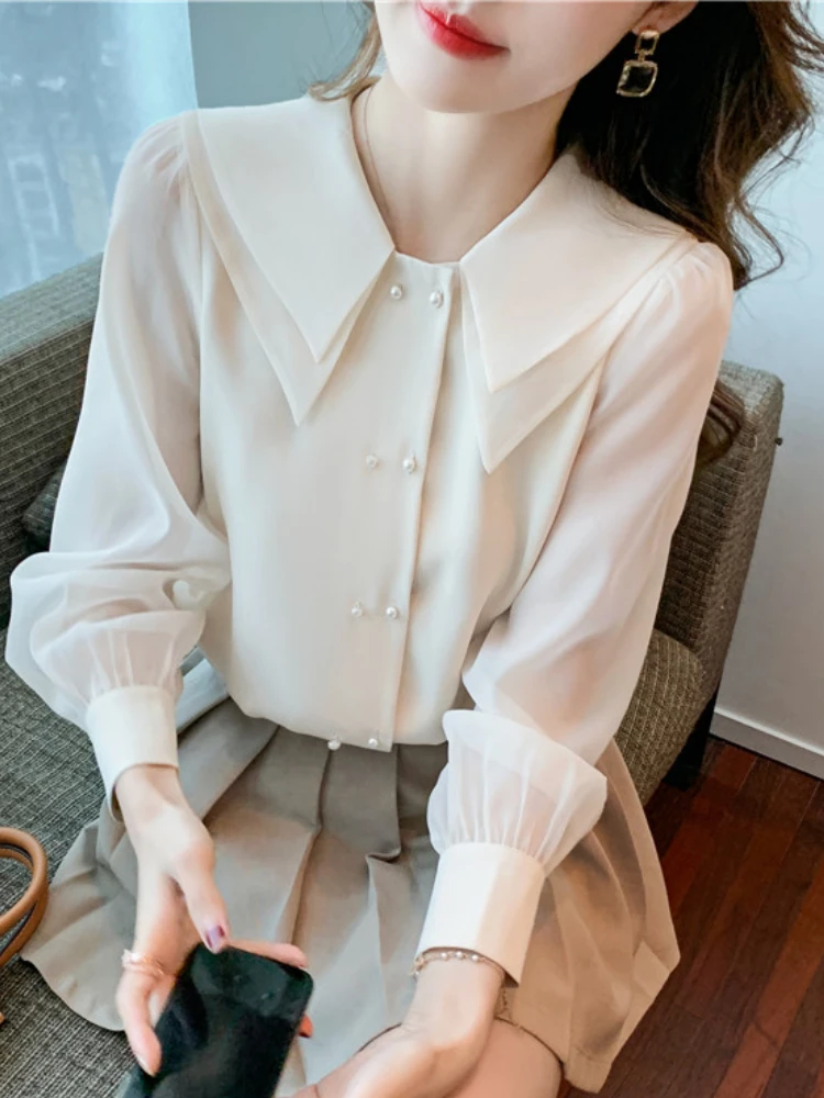 New korea fashion chiffon long sleeve blouse casual  womens tops female OL office ladies tops Lace button up shirt dropshipping