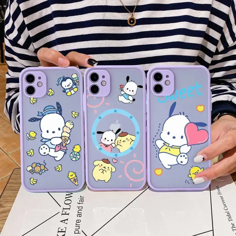 

Cute Cartoon Sanrio Pochacco Phone Case For iphone 14 Plus 13 12 11 Pro Max Mini XS X XR Matte Purple Cover