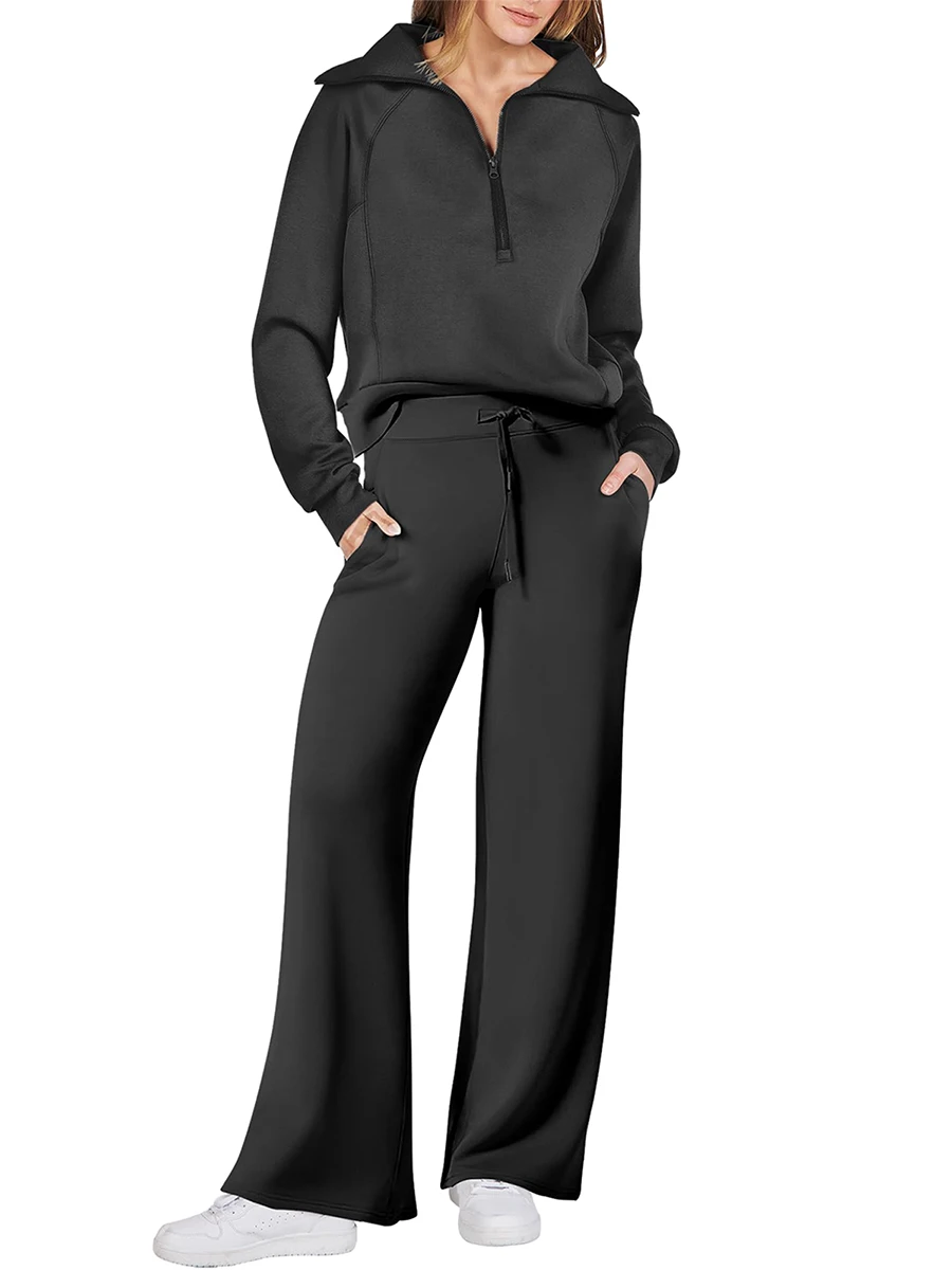 

Женский спортивный костюм из 2 предметов, однотонный комплект из свитшота с длинным рукавом, пуловер оверсайз с молнией и широкими завязками