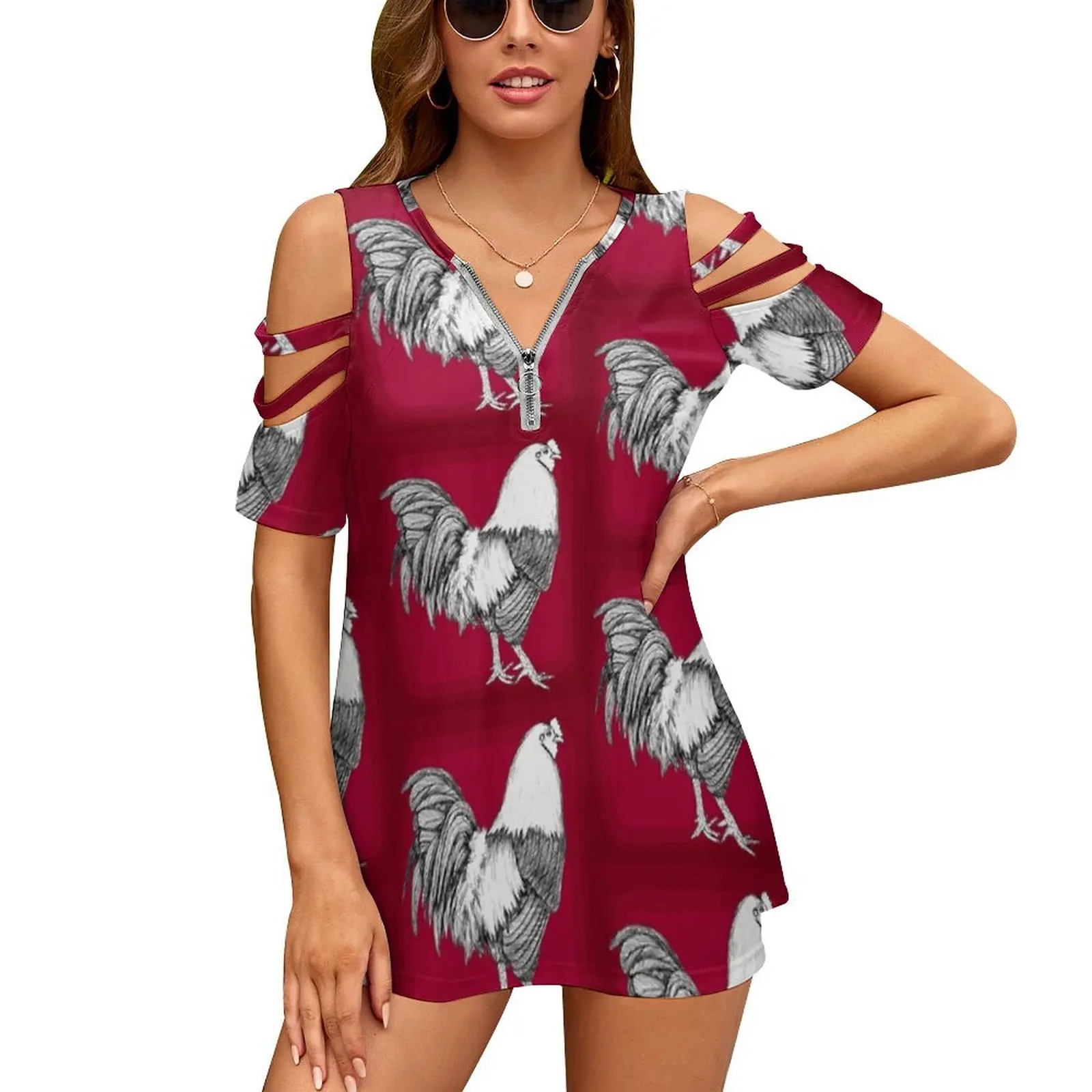 

Women'S T-Shirt Summer Fashion Print Floral V-Neck Zipper Tshirt Hollow Pullover Ladies Top South Carolina Rooster Gamecock
