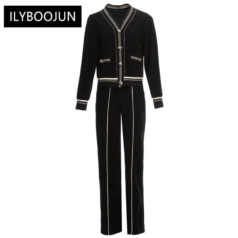 

2022 Luxury Designer Autumn Striped Suit Women V-Neck Single Breasted Coat + Lace Up Wide Leg Pants Casual Knitted Two Piece Set