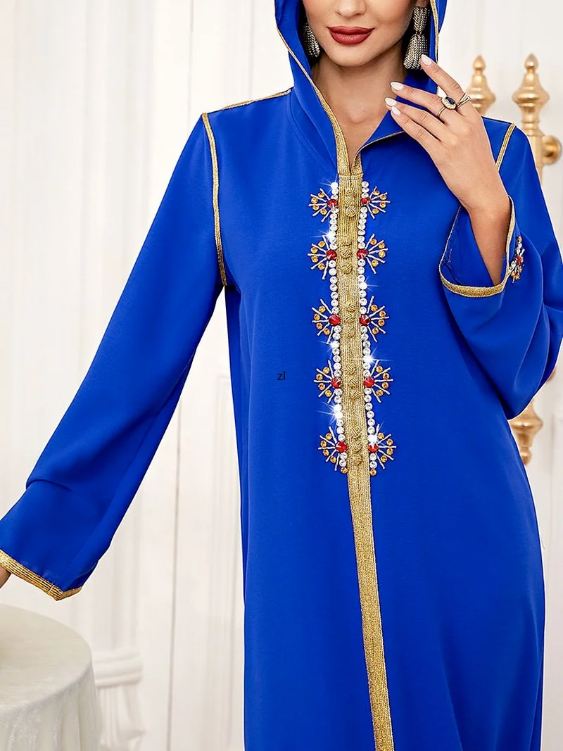 Gold Trimmings Djellaba Moroccan Hooded Caftan Women Rhinestones Arab Long Dress Muslim Dubai Saudi Gulf Party Abaya Kaftan Blue