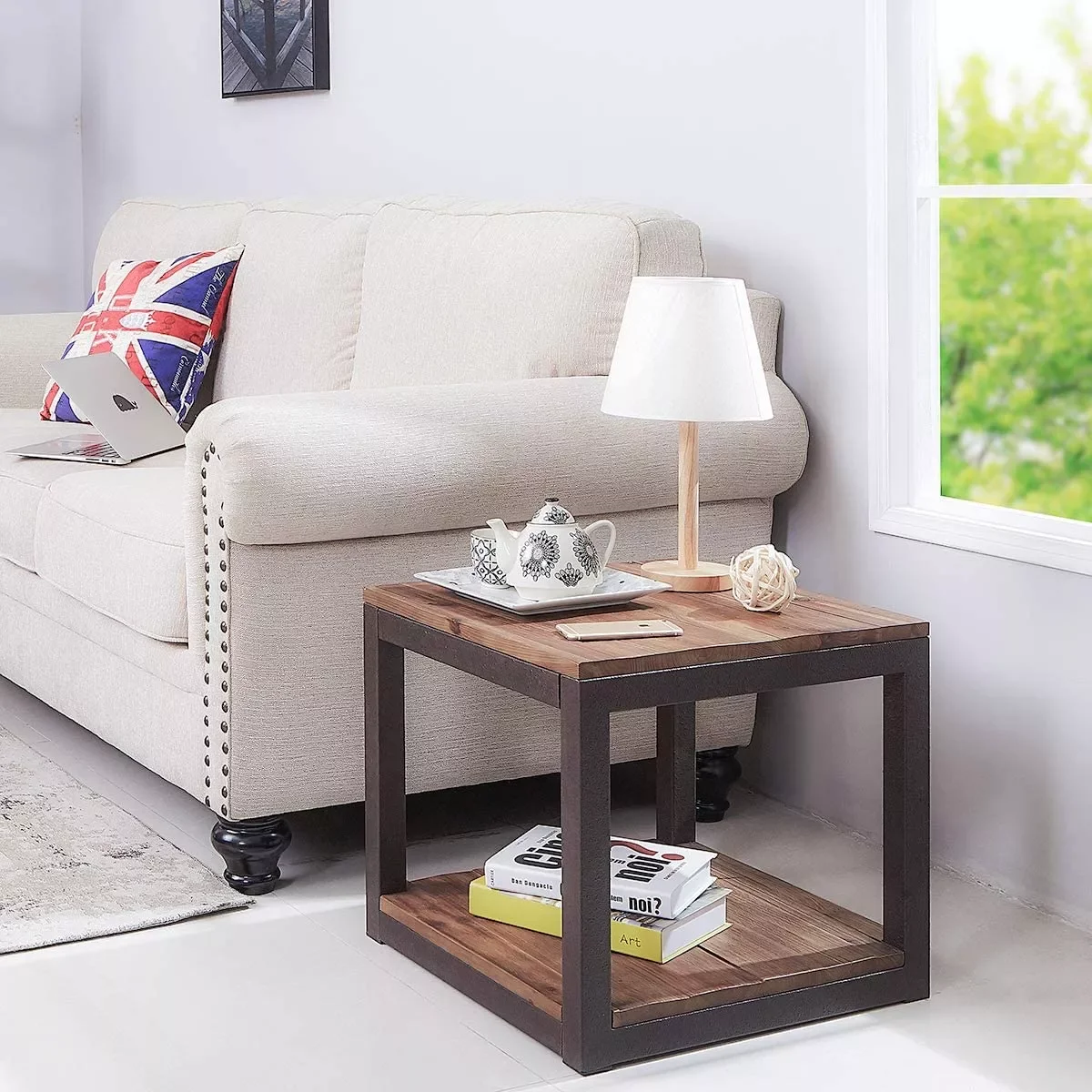 

2 Tiers Wood Furniture with Retro Metal Frame Vintage, Nightstand Side Table Sturdy Vintage Farmhouse for Living Room, Bedroom